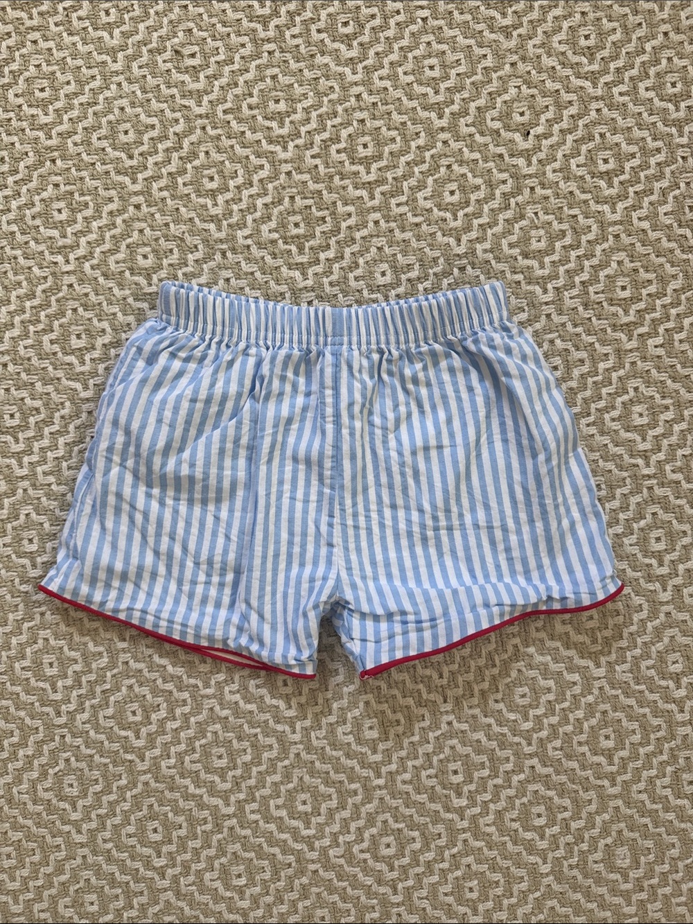 Blue & White Striped Cotton Shorts with Red Trim